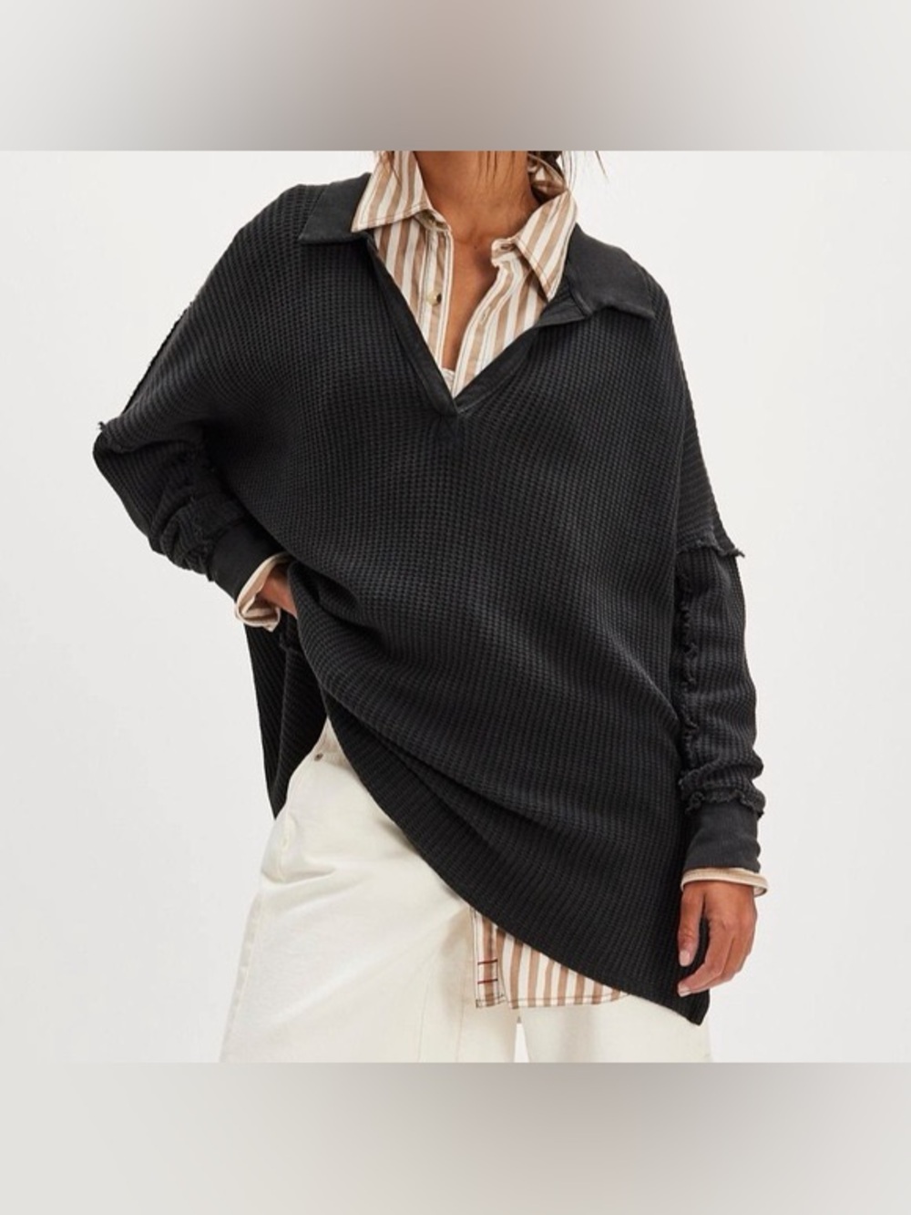 Free People We The Free Thermal Henley Shirt Womens Mediun Black Travis Polo